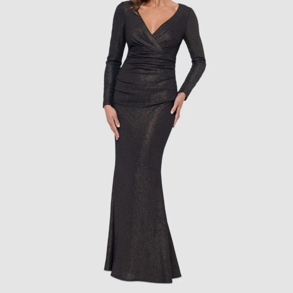 Xscape Ruched Metallic Foil-Knit Gown